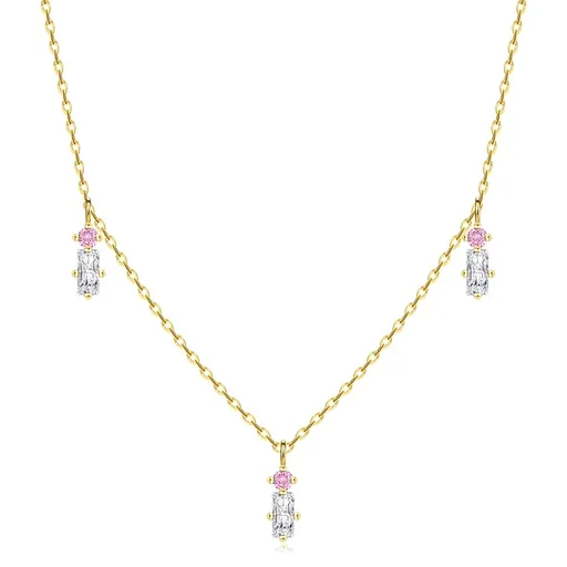 Náhrdelník ze žlutého 14K zlata - růžové kulaté a čiré obdélníkové zirkony