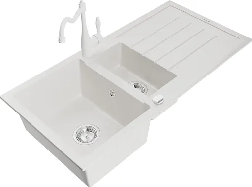 MEXEN/S Andres granitový dřez s odkapávačem včetně baterie Carla, bílá 6515-20-670700-20