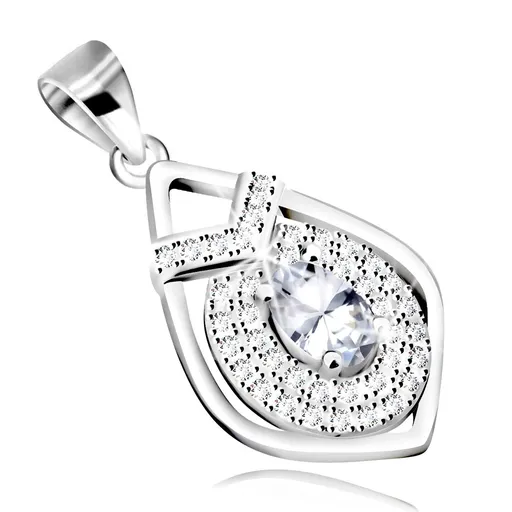 Stříbrný přívěsek 925 - kontura slzy s oválným zirkonem uprostřed, zirkonový lem