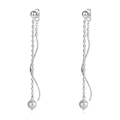 Stříbrné 925 náušnice - bílá sladkovodní perla na řetízku, vlnka