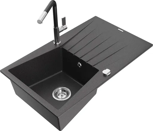 MEXEN/S Cesar granitový dřez 1-miska s odkapávačem včetně baterie Flora, černá kropenatá 6514-76-670401-07