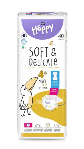 Bella Baby Happy Soft&Delicate 4+ Maxi Plus 9–15 kg dětské pleny 40 ks