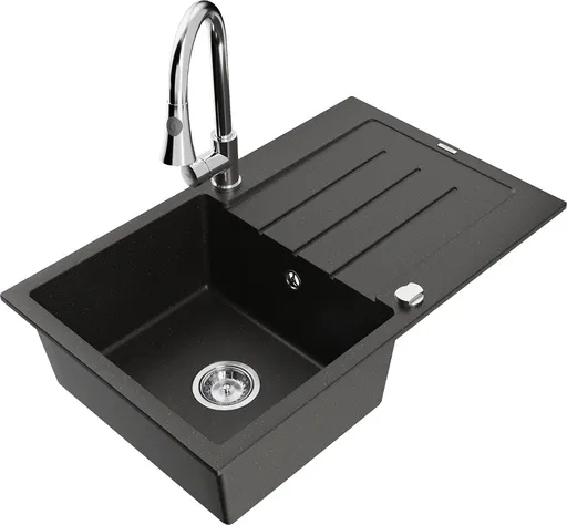 MEXEN/S Bruno granitový dřez 1 s odkapávačem včetně baterie Elia, černá/zlatá metalik 6513-75-670101-00
