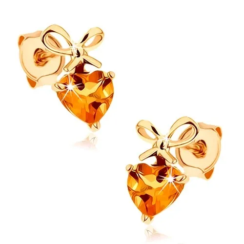 Náušnice ve žlutém 14K zlatě - žluté citrínové srdíčko s uvázanou mašlí