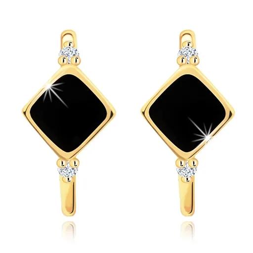 Zlaté náušnice 14K s černým kosoštvorcem a zirkony na oblouku