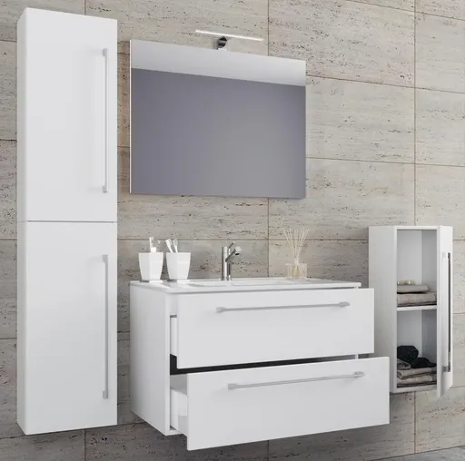 VCM 5dílná umyvadlová skříňka Badinos 2 zásuvky 60 cm se zrcadlem a střední/vysokou skříňkou, bílá