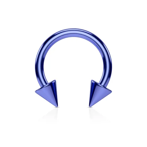 Piercing do nosu z oceli s titanovým povrchem - podkova v modrém odstínu ukončená hroty - Rozměr: 1,2 mm x 8 mm x 3x3 mm