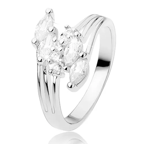 Prsten s rozvětvenými rameny, blýskavé zirkony čiré barvy - Velikost: 56