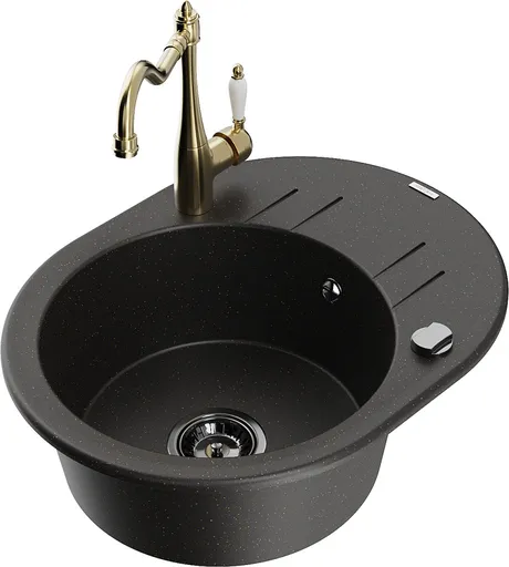 MEXEN/S Kevin granitový dřez 1-miska s odkapávačem včetně baterie Carla, černá/zlatá metalik 6517-75-670700-50-B