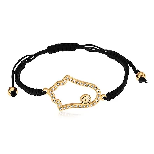 Šňůrkový náramek na ruku černé barvy, zirkonová kontura Fatiminy ruky