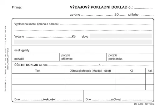 Tiskopis Výdajový pokl. doklad i pro podvoj. úč. samopropis 50 listů OPTYS