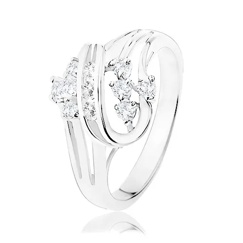 Třpytivý prsten s rozdělenými rameny, zatočené linie, čiré zirkonky - Velikost: 50