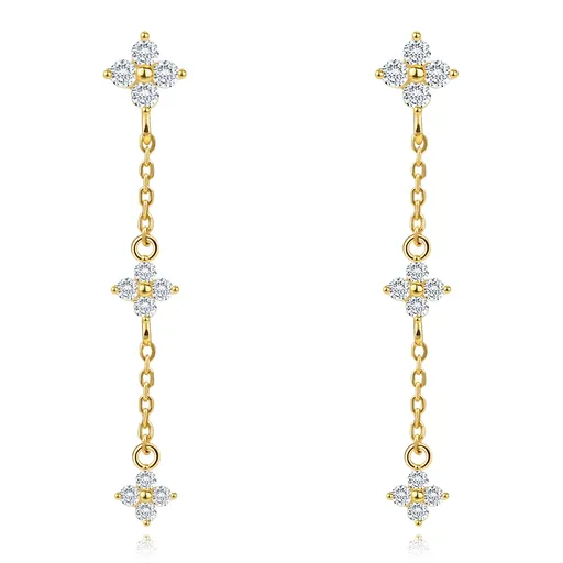 Visací náušnice ze žlutého zlata 585 - zirkonové květy, řetízek, puzety