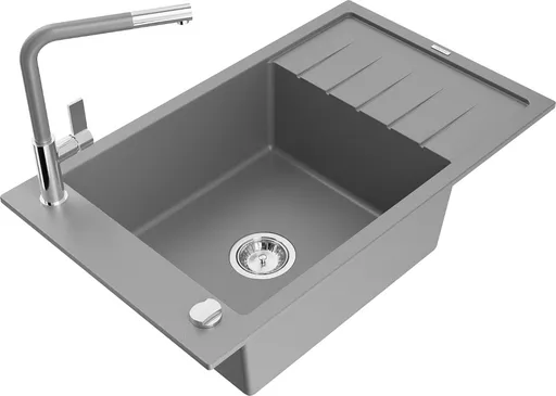 MEXEN/S Elias granitový dřez 1 s odkapávačem včetně baterie Flora, šedá 6511-71-670401-06