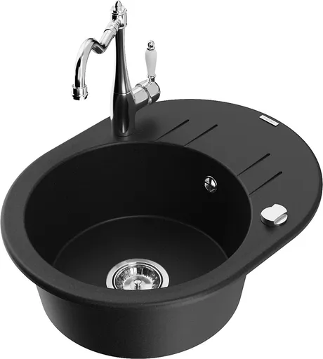 MEXEN/S Kevin granitový dřez 1-miska s odkapávačem včetně baterie Carla, černá 6517-77-670700-00