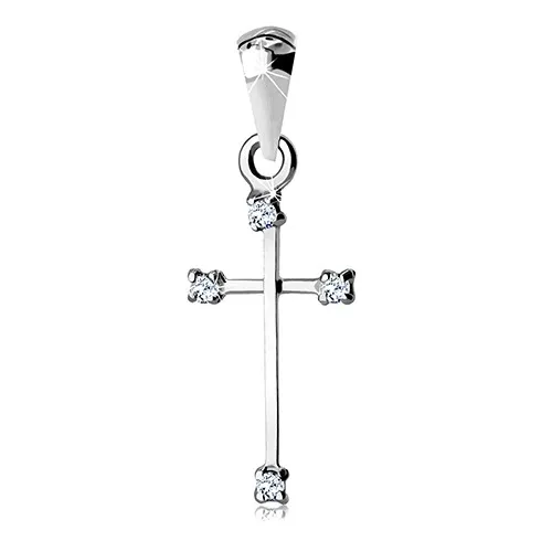 Přívěsek z bílého 14K zlata - křížek s úzkými rameny a čirými kulatými zirkony