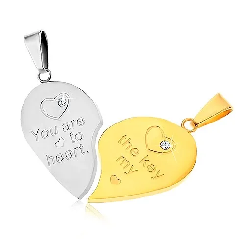 Dva přívěsky z oceli 316L pro pár, stříbrná a zlatá barva, srdce, nápis, zirkony
