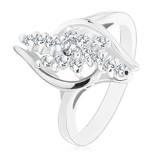 Lesklý prsten se zahnutými rameny, čiré zirkonové linie s kvítkem uprostřed - Velikost: 54