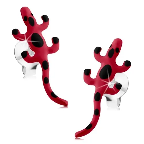 Stříbrné náušnice 925, červené glazované ještěrky, černé skvrny