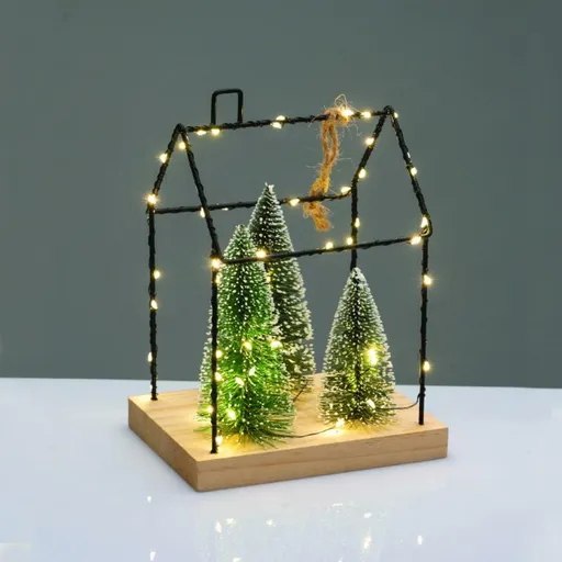 ACA Lighting Vánoční závěsná dekorace kovový dům se stromky 55 LED teplá bílá na baterie 2xAAA IP20  16.5x12x22cm X09551111