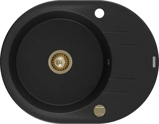 MEXEN/S Kevin granitový dřez 1 s odkapávačem 586x458 mm, černá, + zlatý sifon 6517581005-77-G