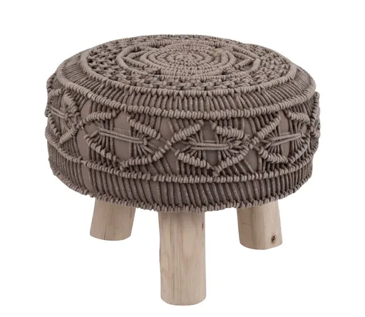 Bavlněný sedák Macrame taupe na dřevěných nožkách - Ø 40*30cm J-Line by Jolipa
