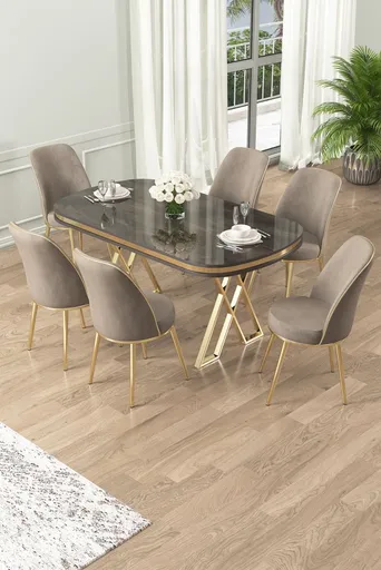 Dining Table & Chairs Set (7 Pieces) Lai - Anthracite, Gold, Cappuccino