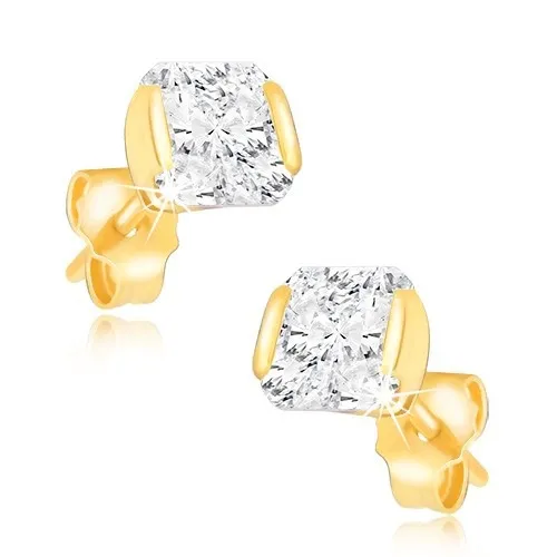 Zlaté puzetové náušnice 14K čtvercového tvaru s kubickým zirkonem v objímce