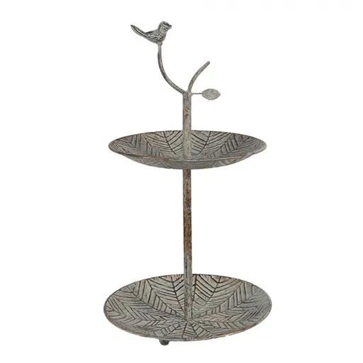 Zelenohnědý kovový dekorační dvoupatrový etažér s ptáčkem Birdie - Ø 26*48 cm Clayre & Eef