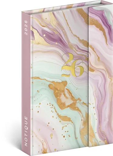 Diář 2026: růžový mramor - týdenní, magnetický, 11 x 16 cm