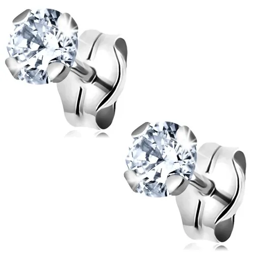 Puzetové náušnice v bílém 14K zlatě - čirý kulatý zirkon v kotlíku, 4 mm