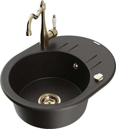 MEXEN/S Kevin granitový dřez 1-miska s odkapávačem včetně baterie Carla, černá/zlatá metalik 6517-75-670700-50