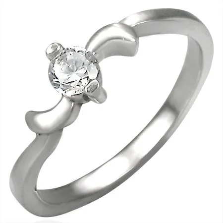 Zásnubní ocelový prstýnek se zirkonem a lístky po okrajích - Velikost: 54