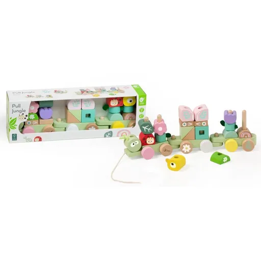 Teddies Vlak + 2 vagóny jungle dřevo tahací stavebnice 27 dílků v krabici 38x12x8cm 12m+
