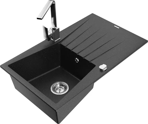 MEXEN/S Cesar granitový dřez 1-miska s odkapávačem včetně baterie Rita, černý/stříbrný metalik 6514-73-670300-00