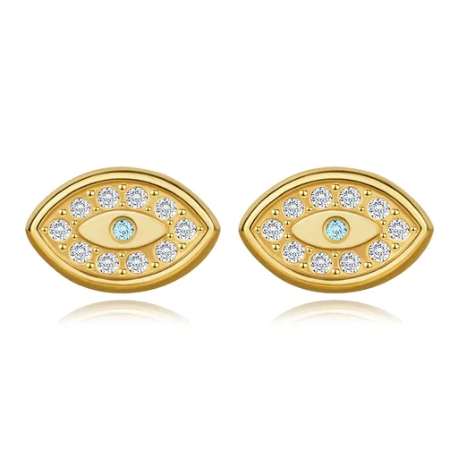 Náušnice ze žlutého 14K zlata - Horovo oko se syntetickým akvamarínem a kubickými zirkony