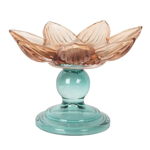 Tyrkysovo-oranžový skleněný svícen květina Colorful Garden - Ø 14*10 cm Clayre & Eef