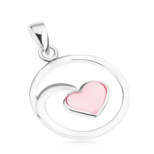 Stříbrný 925 přívěsek, obrys kruhu, zrcadlový lesk, srdíčko, růžová perleť
