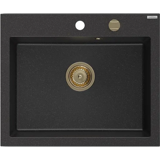 MEXEN/S Elix granitový dřez 1-miska 600 x 500 mm, černá/stříbrná metalik, sifon zlatá 6525601005-73-G