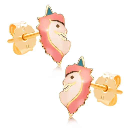 Náušnice ze žlutého zlata 585, jednorožec s tříbarevnou glazurou a zlatou kresbou