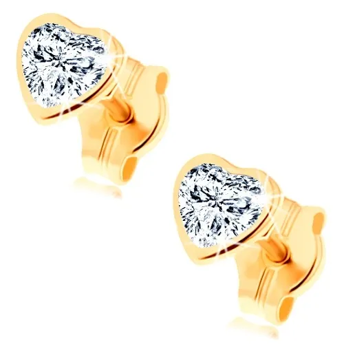 Náušnice ze žlutého 14K zlata - broušené zirkonové srdíčko čiré barvy