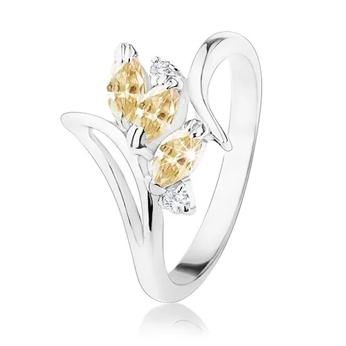 Prsten se zahnutými rameny a výřezem, oranžová zrnka, čiré zirkony - Velikost: 51