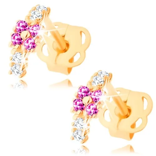 Náušnice ve žlutém 14K zlatě - malý oblouček zdobený čirými a růžovými zirkony