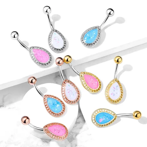 Ocelový piercing do pupíku - slza s barevnými odlesky, různé varianty - Barva piercing: Měděná - bílá