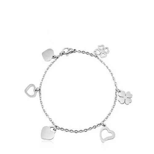 Náramek na ruku z chirurgické oceli, srdíčka a čtyřlístky, stříbrná barva
