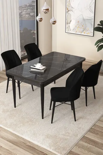Dining Table & Chairs Set (5 Pieces) Arp - Black Marble, Black