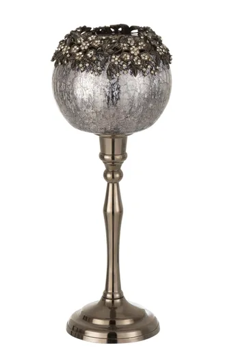 Skleněný kouřový svicen na nožičce se zdobením a kamínky Luxy - Ø 12*32cm J-Line by Jolipa