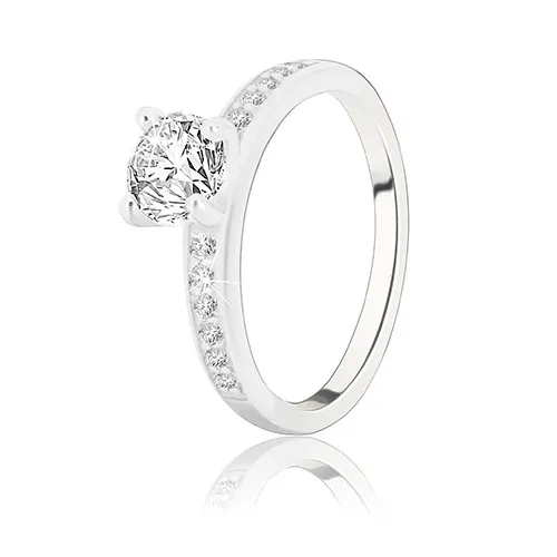 Zásnubní prsten ze stříbra 925 - lesklá ramena se zirkonky, větší zirkon v kotlíku - Velikost: 48