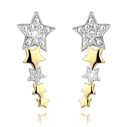 Puzetové náušnice v kombinovaném zlatě 585 - zmenšující se hvězdy s čirými zirkony