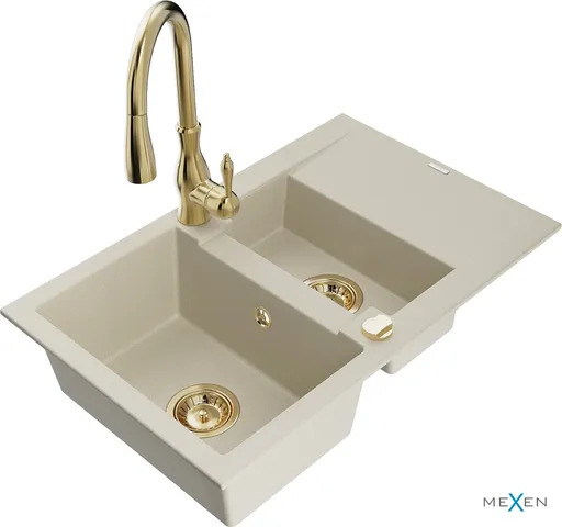 MEXEN/S Gaspar granitový dřez 1.5 s odkapávačem včetně baterie Savita, béžová 6507-69-672601-50